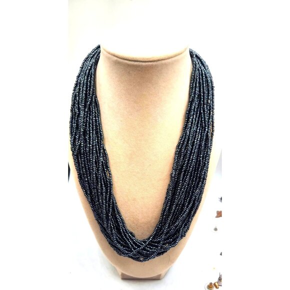 Vintage Multi-Strand Layered Seed Bead Necklace - Black With Purple Hue - Adjust - Picture 1 of 4